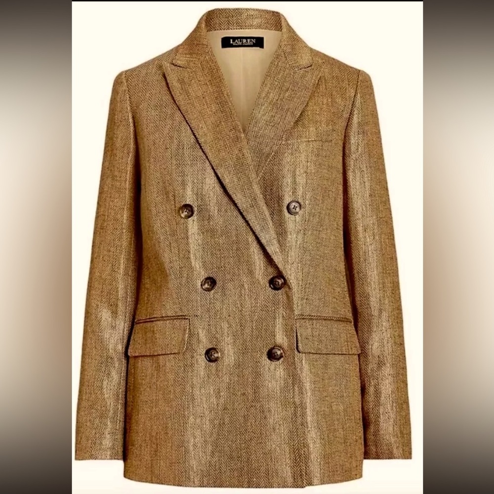 Lauren (Ralph Lauren) Tan Gold Bronze Foil Linen Herringbone Blazer Size 14 NWT